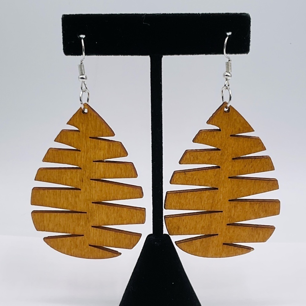 Wood Earrings Leaf Art Teardrop Design Lightweight Laser Cut Festival Modern